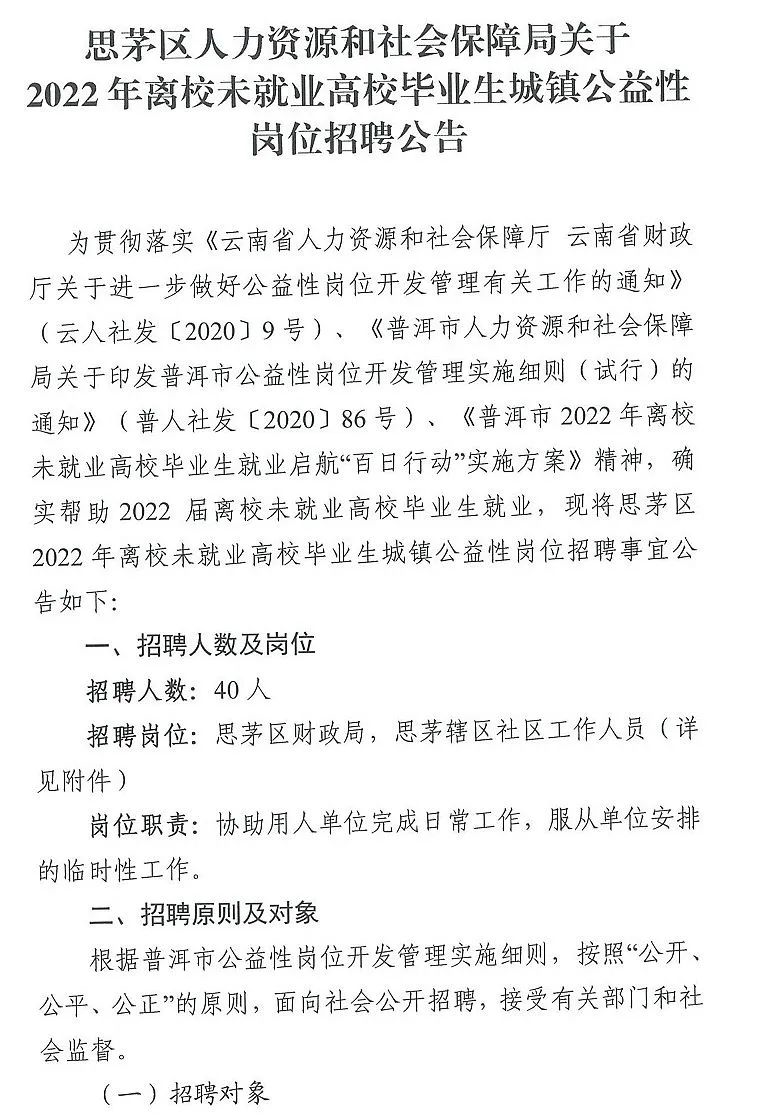 思茅区人力资源和社会保障局最新招聘速递